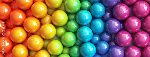 A close-up view of colorful glossy balls arranged in a rainbow pattern. The balls are arranged in rows, with orange, yellow, green, blue, purple, and pink balls