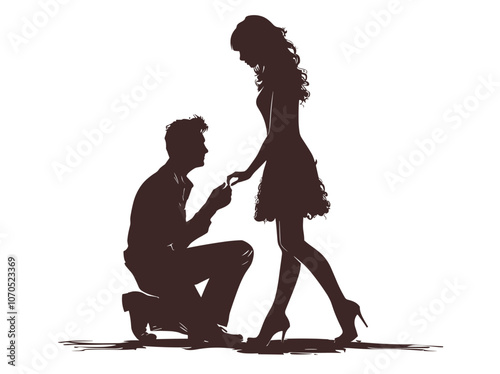 Silhouette of a man proposing to a woman, expressing timeless romance in a graceful pose.