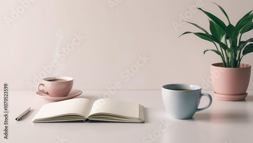 Wallpaper Mural Calm Pastel Desk Setup with Notebook, Warm Drink, and Green Plant in Minimalist Style Torontodigital.ca