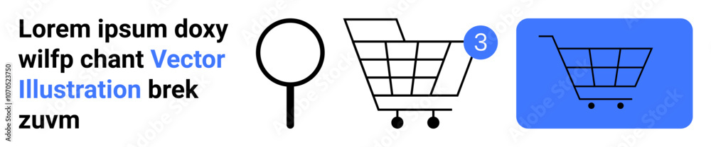 Magnifying glass, shopping cart with a notification badge, and a shopping cart icon in a blue square. Ideal for e-commerce, online shopping, search functionality, notifications, retail, web design Magnifying glass, shopping cart with a notification badge, and a shopping cart icon in a blue square. Ideal for e-commerce, online shopping, search functionality, notifications, retail, web design