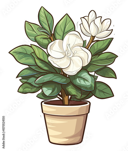 Cartoon sticker of a potted gardenia plant over white background.