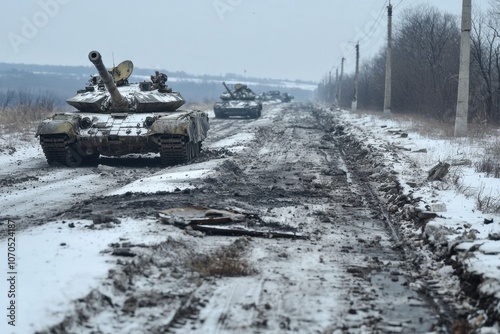 Military tanks navigate a muddy rural road during winter in a misty landscape photo