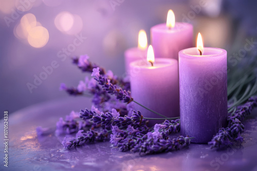 Burning candles with lavender flowers. Spa and Wellness background in purple and violet colors