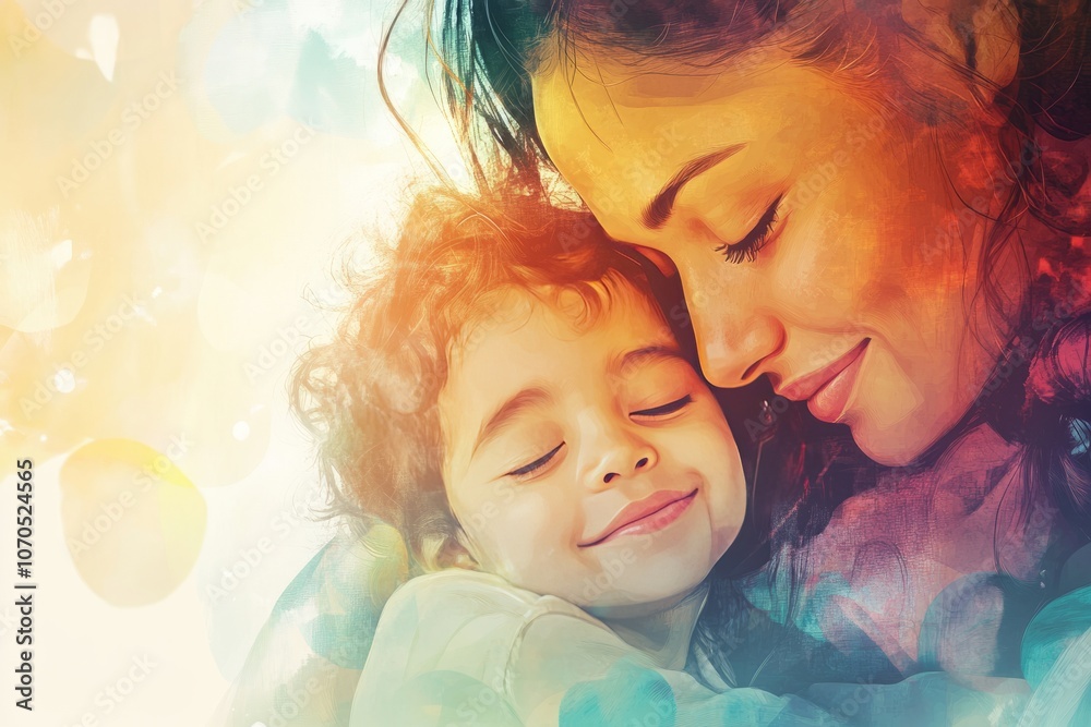 A loving, calming, tender illustration of a woman and her child. Both are smiling, motherhood, warmness A loving, calming, tender illustration of a woman and her child. Both are smiling, motherhood, warmness