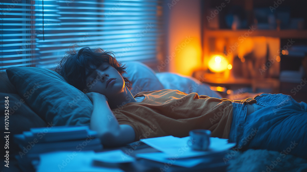 Tired individual lying on a couch, arm over their face, blocking out the world. Dim room with cool blue light filtering through blinds, hinting at burnout with work papers and untouched coffee. Tired individual lying on a couch, arm over their face, blocking out the world. Dim room with cool blue light filtering through blinds, hinting at burnout with work papers and untouched coffee.