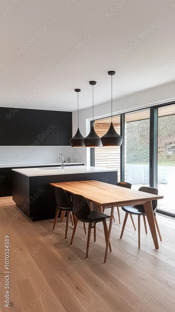 Modern kitchen design with wooden dining table and stylish pendant lights in a bright space Modern kitchen design with wooden dining table and stylish pendant lights in a bright space