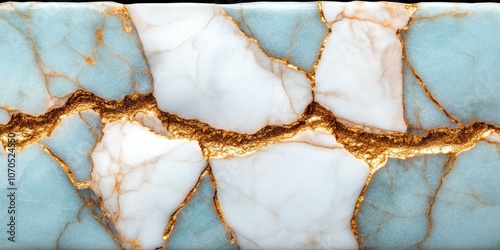 Close-up of a Cracked Marble Stone with Gold Veins and a Blue and White Color Scheme