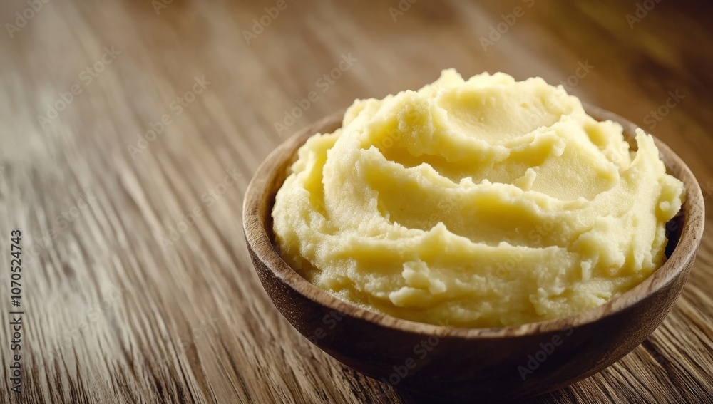 An elegant and high resolution image of creamy homemade mashed potatoes in a rustic bowl on a clean wooden table background