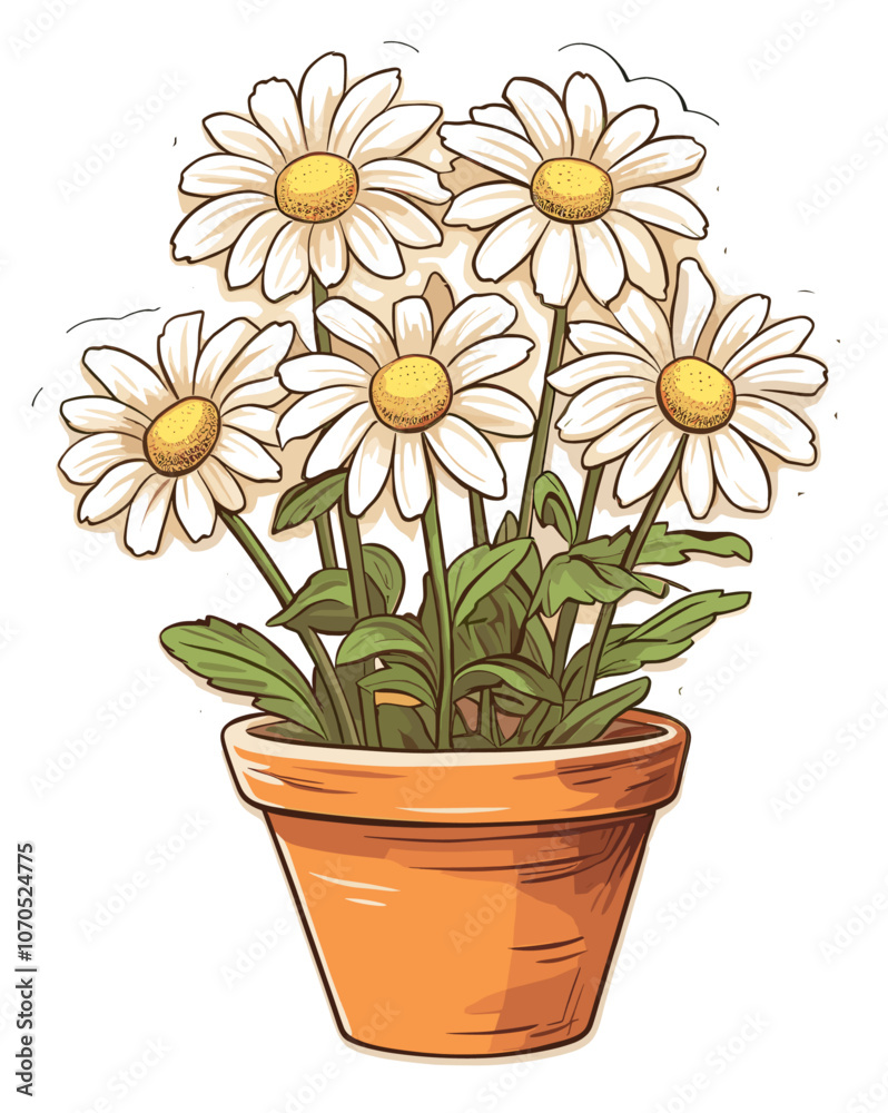 cartoon sticker of a daisy potted plant over white background cartoon sticker of a daisy potted plant over white background