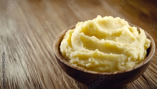 Obraz na płótnie An elegant and high resolution image of creamy homemade mashed potatoes in a rustic bowl on a clean wooden table background w salonie