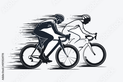 Silhouettes of two male cyclists racing, conveying speed and motion against a minimalist background.