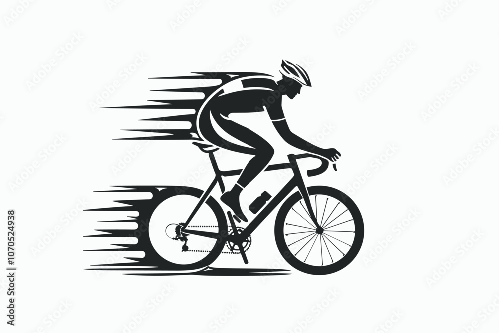 Fototapeta premium Silhouette of a male cyclist racing on a bicycle, highlighting speed and motion against a blank background.