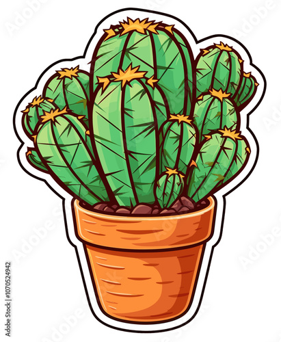 Cartoon sticker of a potted cactus over white background
