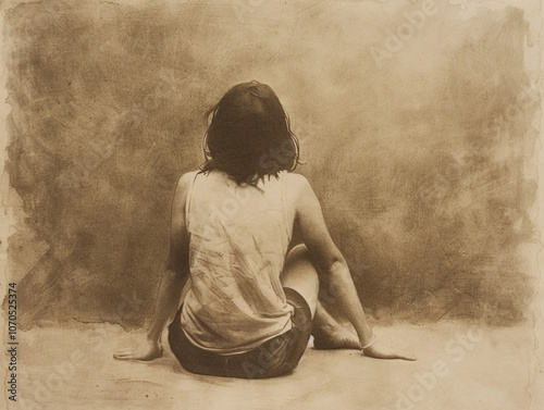 A woman is sitting on the floor with her back turned. The old sepia-toned image gives a mood of melancholy and sadness. photo