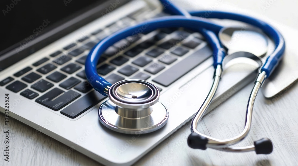 A stethoscope rests on a laptop keyboard, symbolizing the intersection of healthcare and technology. A stethoscope rests on a laptop keyboard, symbolizing the intersection of healthcare and technology.