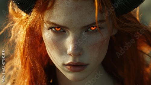 Fiery Redhead with Horns and Glowing Eyes