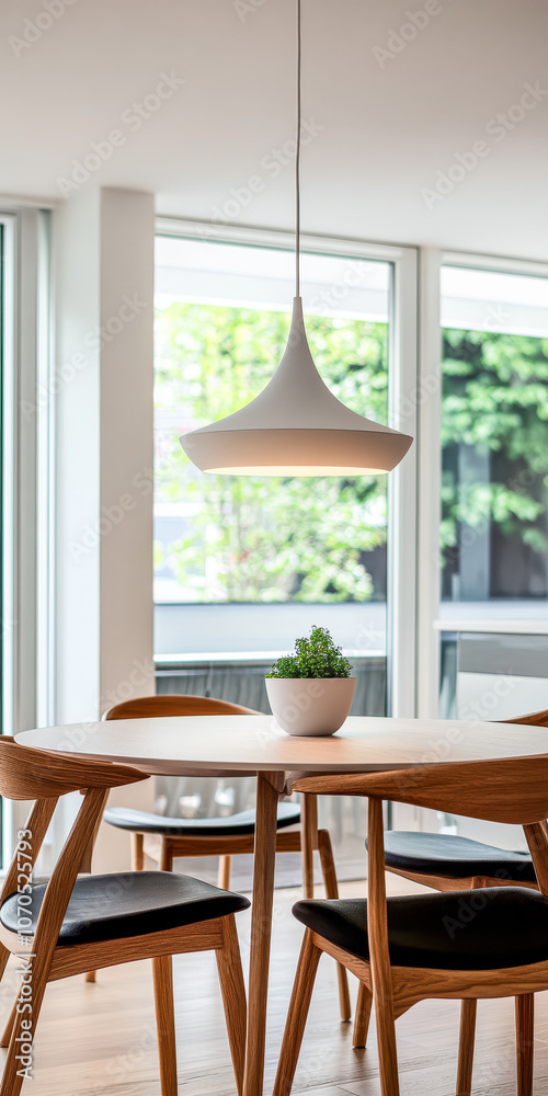Modern dining area in a bright room with wooden chairs and a stylish pendant light Modern dining area in a bright room with wooden chairs and a stylish pendant light
