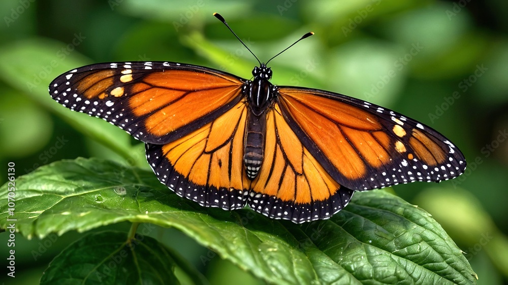 Close-up macro captures a monarch's grace, a splash of orange against lush foliage. Close-up macro captures a monarch's grace, a splash of orange against lush foliage.