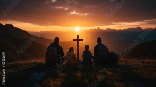 Family and Christian cross for praying