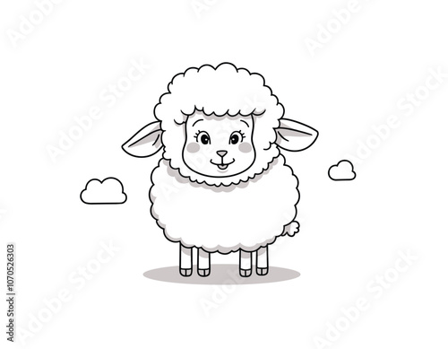 Cartoon sheep illustration with a fluffy coat and cheerful expression, surrounded by small clouds on a white background.