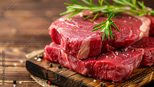 Raw red meat on a wooden board. Fresh meat from grass-fed and free-range animals	
