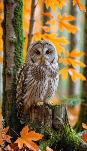 Beautiful grey Fluffy owl in autumn. Ural owl, Strix uralensis, perched on mossy rotten stump in colorful beech forest photo