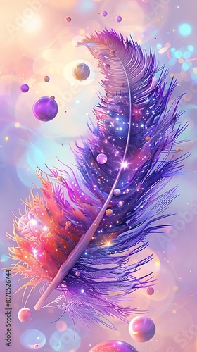Dreamy Galaxy Feather Surrounded by Floating Spheres Image