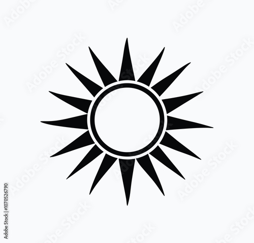 Black sun icon with sharp rays on a white background, symbolizing simplicity and contrast.