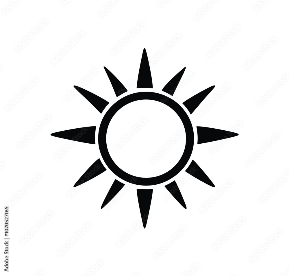 Minimalist black sun icon with radiating pointed rays on a white background. Minimalist black sun icon with radiating pointed rays on a white background.