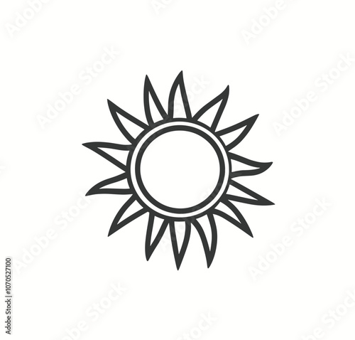 Minimalist black sun icon with stylized rays against a white background, embodying simplicity and elegance.