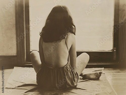 A woman is sitting on the floor with her back turned. The old sepia-toned image gives a mood of melancholy and sadness. photo