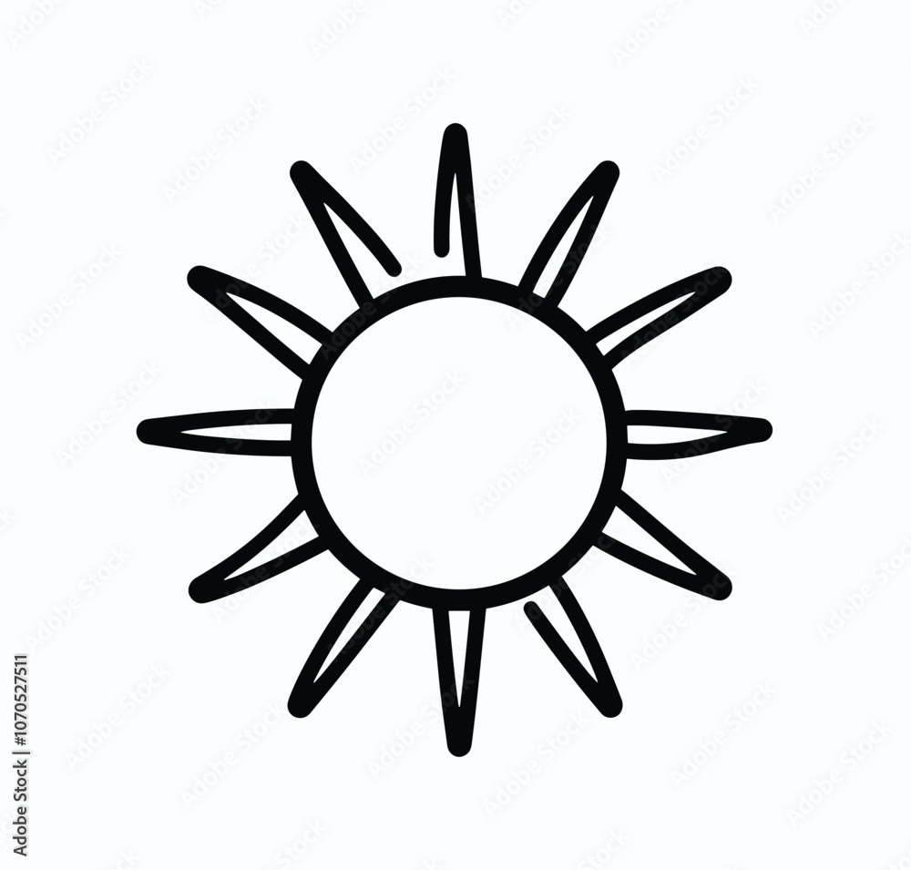Simple black line art depicting a stylized sun with rays on a white background. Simple black line art depicting a stylized sun with rays on a white background.