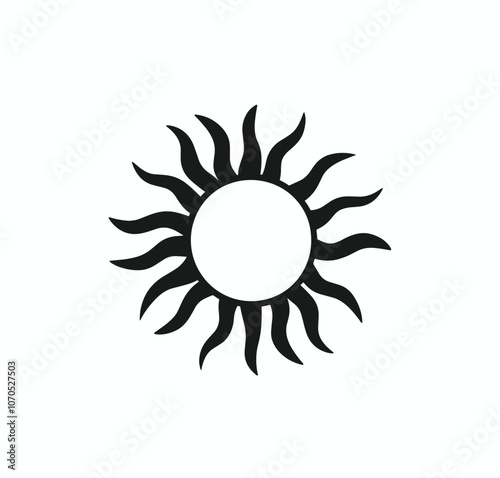 Simple black sun icon design with wavy rays on a white background, symbolizing warmth and energy.