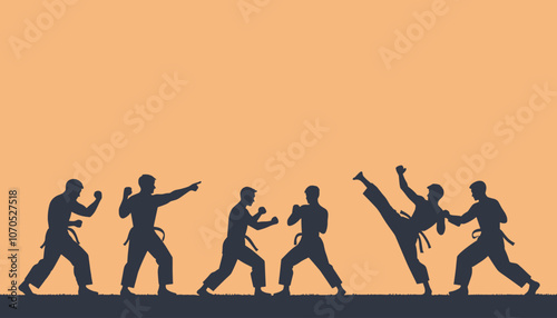 Silhouettes of martial artists practicing karate poses against an orange backdrop, showcasing dynamic movements and disciplined technique.