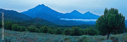 Serene mountain landscape at twilight, featuring lush greenery and distant peaks under a tranquil sky.