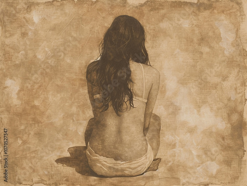 A woman is sitting on the floor with her back turned. The old sepia-toned image gives a mood of melancholy and sadness. photo