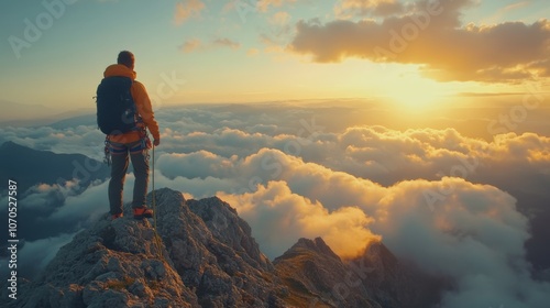 Climber on top of mountain with cloud and sunset view