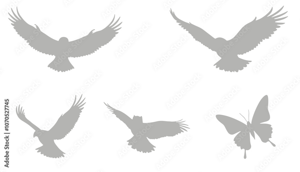 Silhouettes of four birds and a butterfly in flight against a white background, showcasing diverse nature and freedom. Silhouettes of four birds and a butterfly in flight against a white background, showcasing diverse nature and freedom.