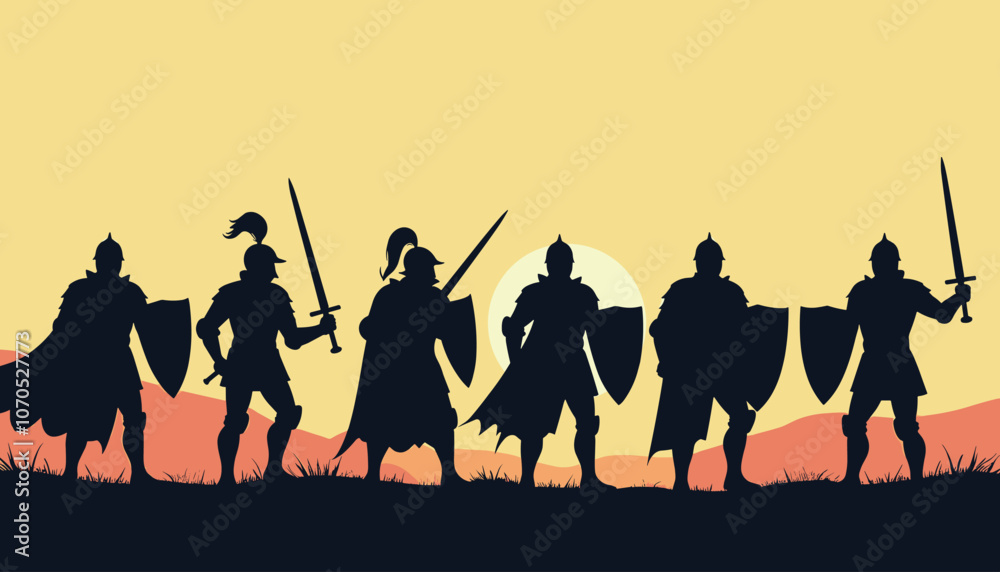 Fototapeta premium Silhouetted warriors holding swords and shields stand against a sunset backdrop, exuding strength and unity.