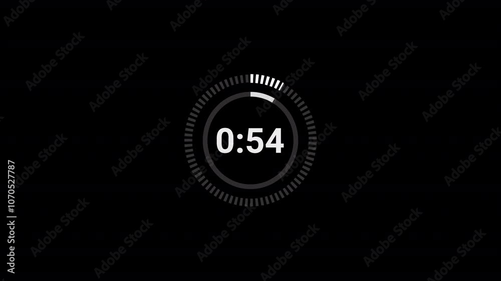 One minute countdown animation from 60 seconds to 0 seconds on a transparent background, One minute countdown timer with alpha channel