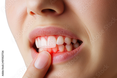 A close-up of a person's mouth showing swollen gums, indicating possible dental issues, with a finger pointing at the affected area., isolated on a transparent background.