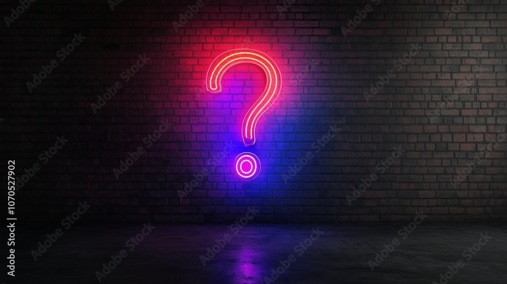 Neon sign in form of a question mark on a wall background representing ...