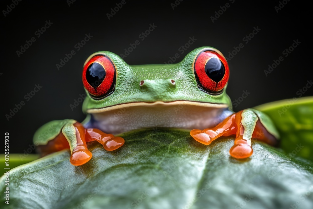 Close up of a red eyed tree frog on a tropical plant leaf high contrast high resolution photography