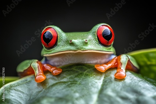 Obraz na płótnie Close up of a red eyed tree frog on a tropical plant leaf high contrast high resolution photography w salonie