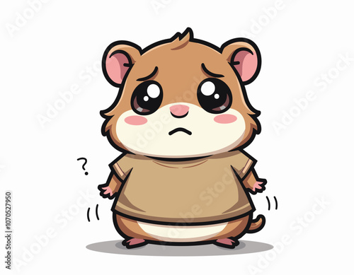 Adorable cartoon hamster with big eyes, wearing a brown shirt, looking confused with a question mark beside it.