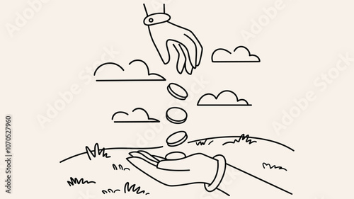 Illustration of hands exchanging coins above a landscape symbolizing generosity and giving with simple lines and neutral tones.