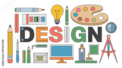 Creative design concepts illustrated with art tools and equipment in a colorful graphic layout.