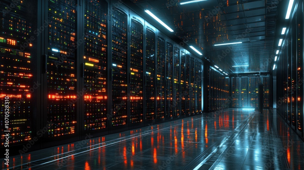 A futuristic data center filled with glowing server racks. A futuristic data center filled with glowing server racks.