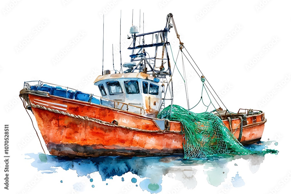 Watercolor Illustration of a Fishing Boat in the Sea. Watercolor Illustration of a Fishing Boat in the Sea.