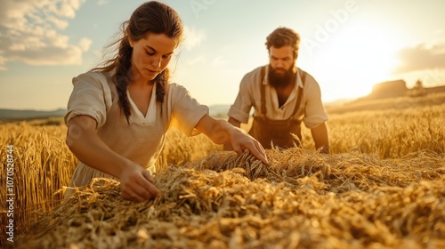 Ruth gathering wheat in a golden field, while Boaz stands in the background, watching her with admiration under a bright sun. photo